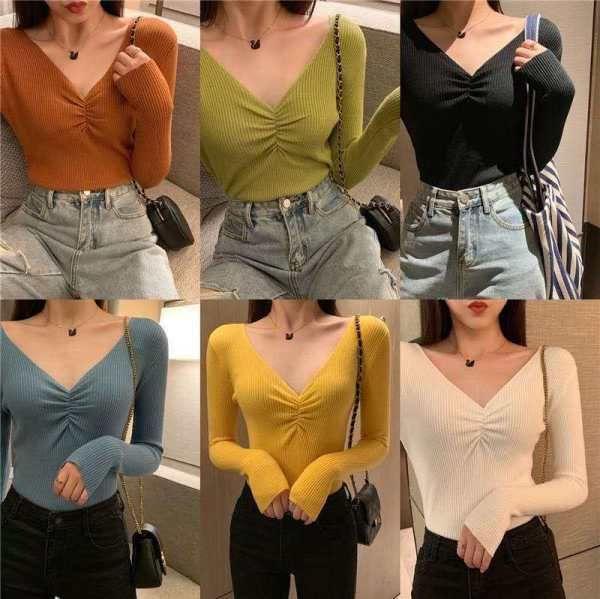 V-Neck Long Sleeve Plain Ribbed Knitted Top Product Image