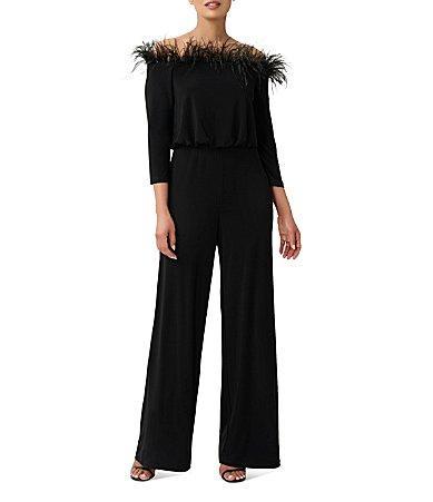 Adrianna Papell Stretch Jersey Blousson Jumpsuit with Feather Trim Women's Jumpsuit & Rompers One Piece Product Image