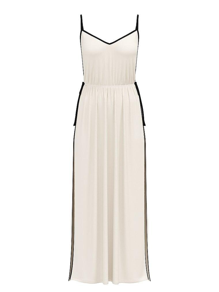 Ribbed Modal Velvet-Trim Long Slip Dress Product Image