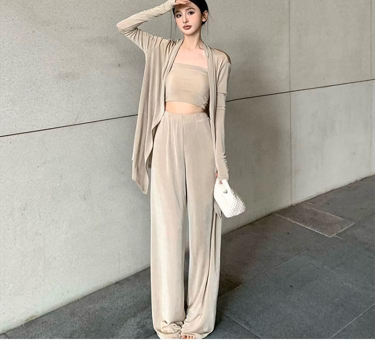 Set: Plain Crop Tube Top + Mid Rise Plain Wide Leg Sweatpants + Long Cardigan Product Image