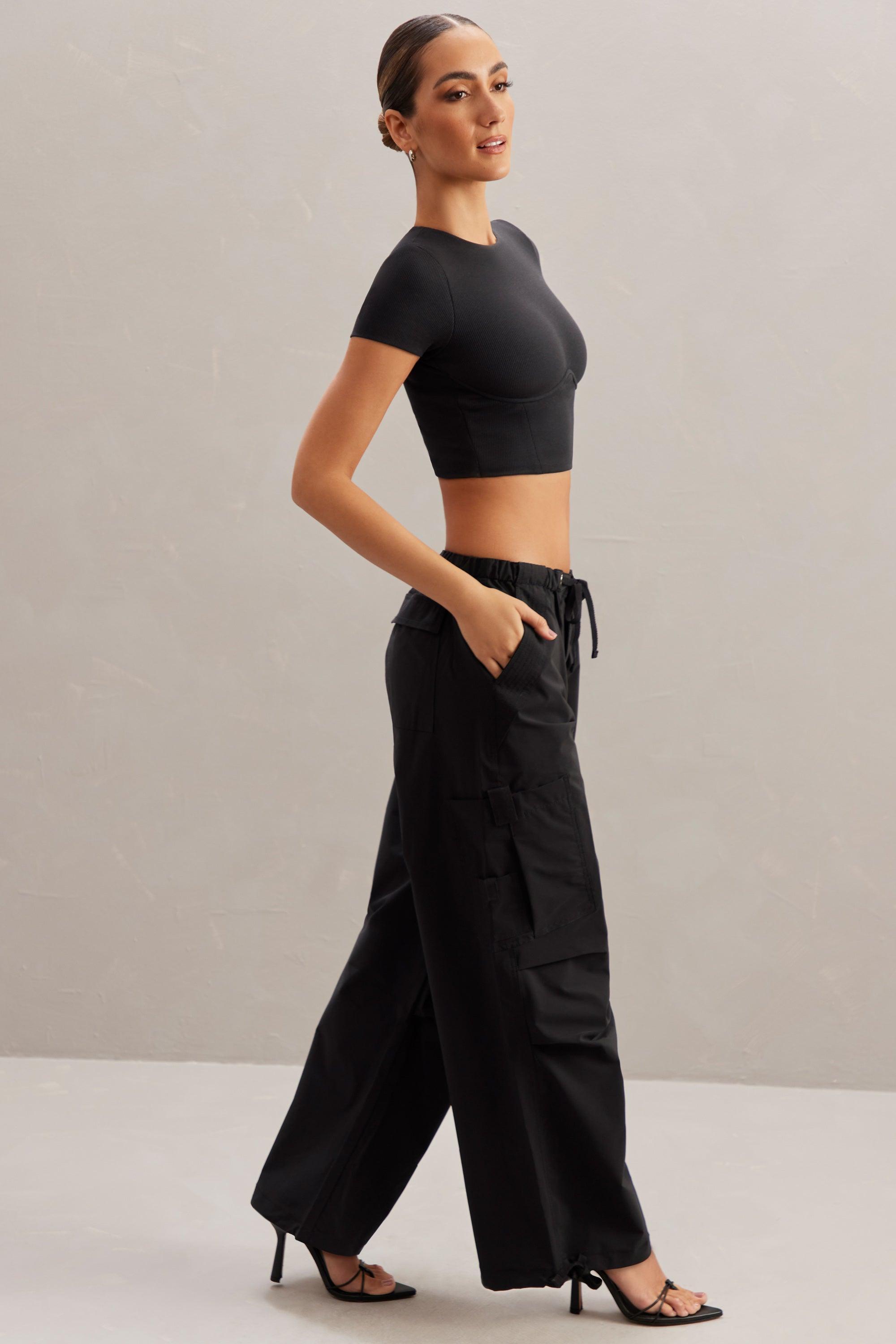 Wide Leg Cargo Trousers in Black Female Product Image