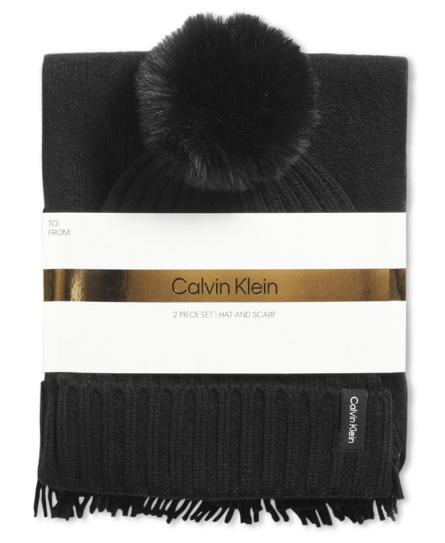 Calvin Klein Womens 2-Pc. Faux-Fur Pom Beanie & Scarf Gift Set Product Image