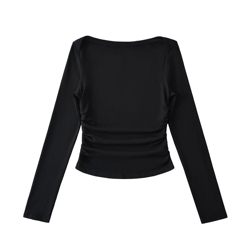 Long Sleeve Boat Neck Plain Ruched T-Shirt Product Image