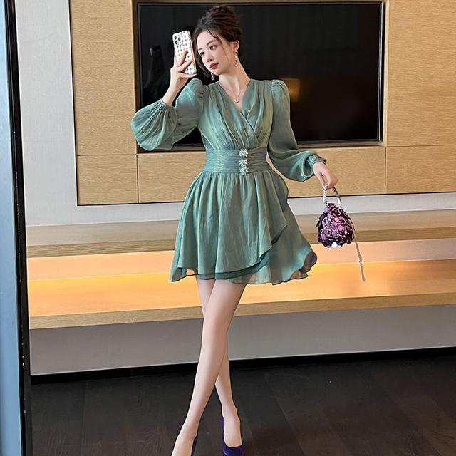 Long-Sleeve V-Neck Flower Accent Asymmetrical Mini A-Line Dress Product Image