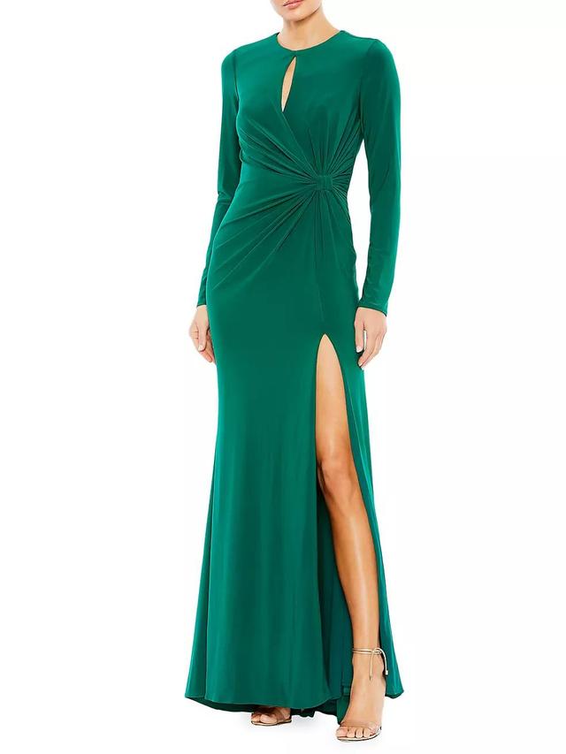 Mac Duggal Long Sleeve Keyhole Crew Neck Knot Waist Gown Product Image