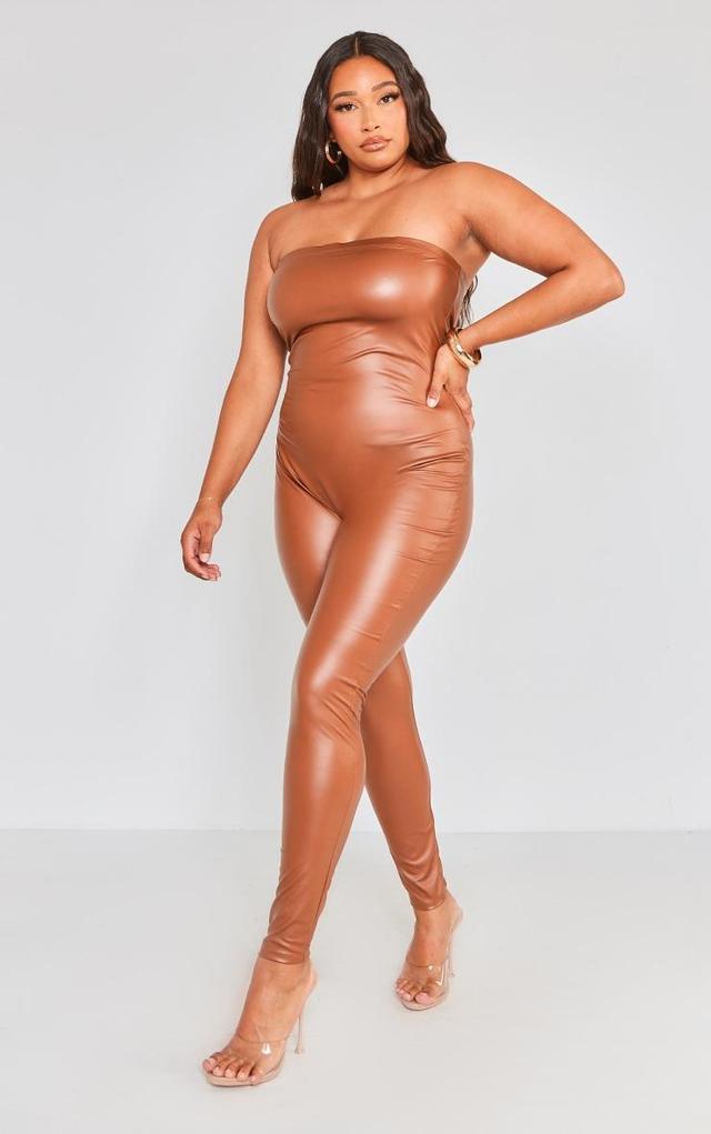  Plus Camel Bandeau Faux Leather Jumpsuit Product Image