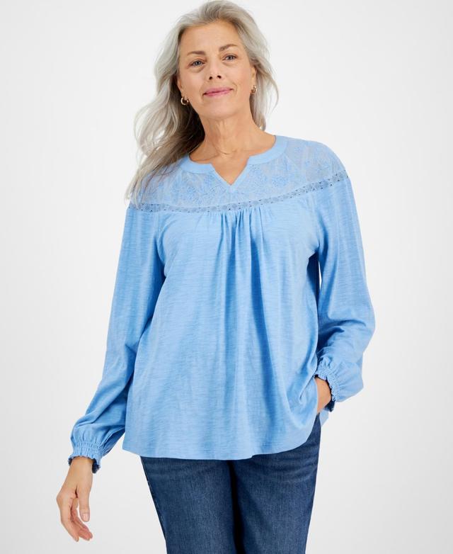 Style & Co Womens Lace-Trim Embroidered Top, Created for Macys Product Image