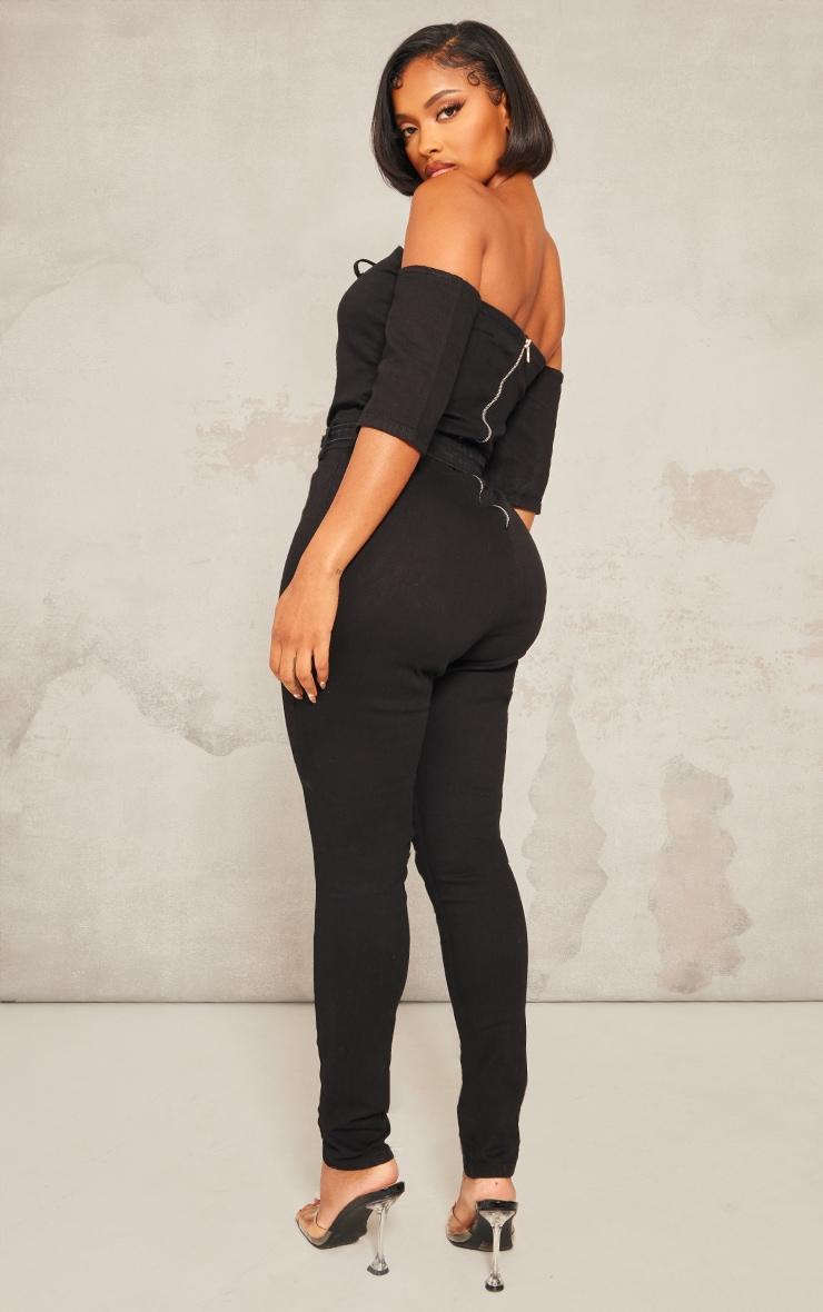 Shape Black Lace Up Bardot Stretch Denim Jumpsuit Product Image