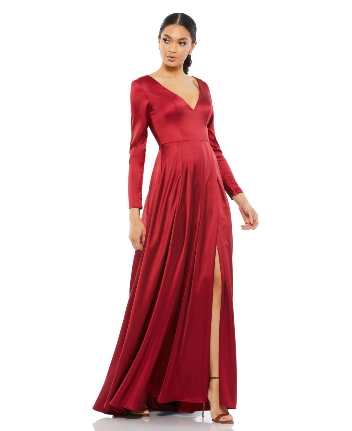 Womens Ieena Satin V Neck Long Sleeve Pleated Gown Product Image