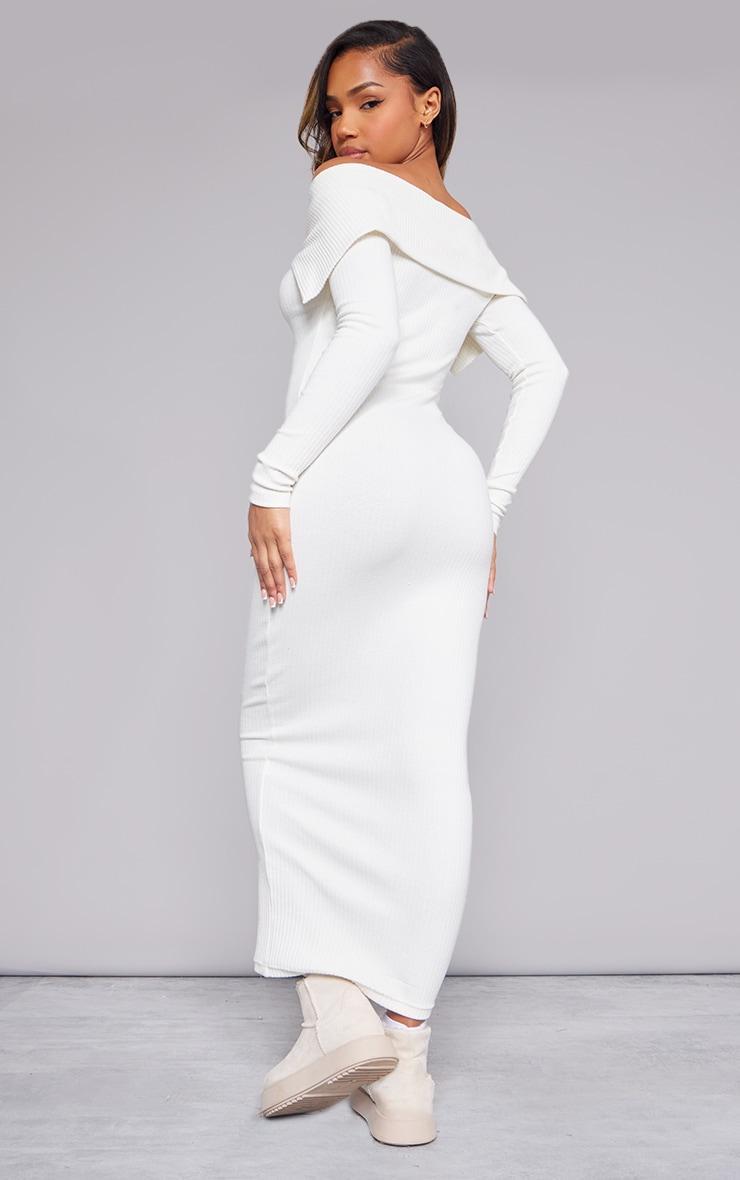 Cream Heavy Rib Fold Over Bardot Midaxi Dress Product Image