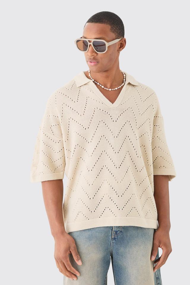 Boxy Oversized Open Stitch Knitted Polo | boohooMAN USA Product Image