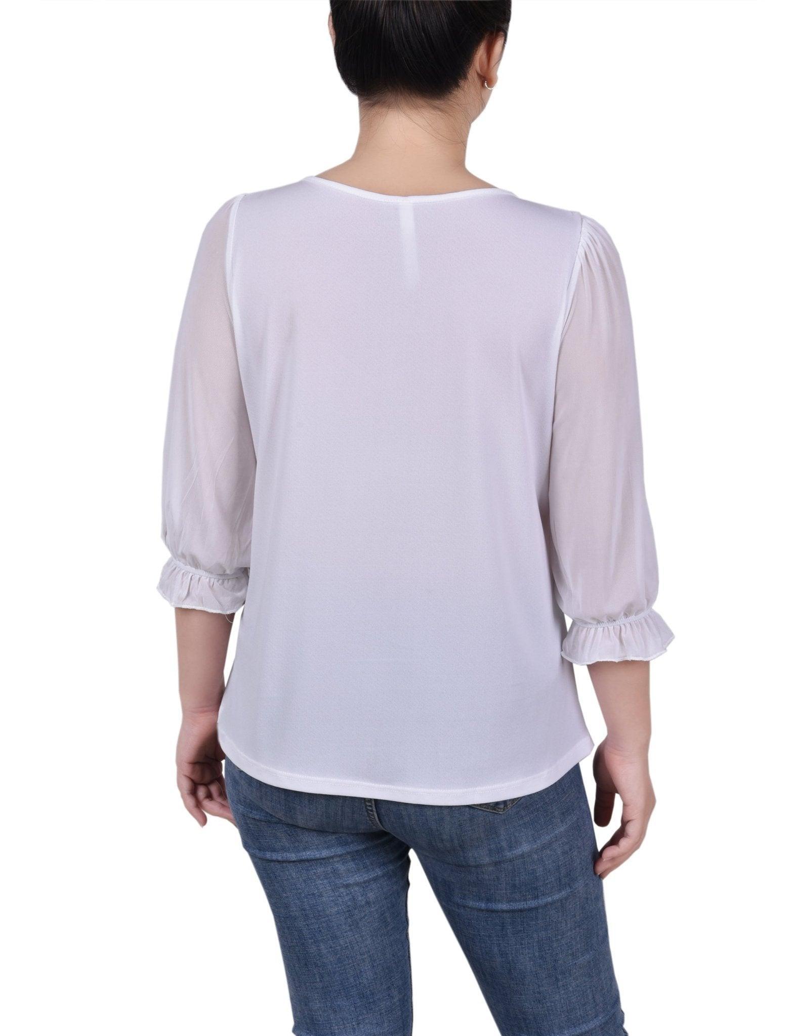 3/4 Length Sleeve Ringed Top With Mesh - Petite Product Image