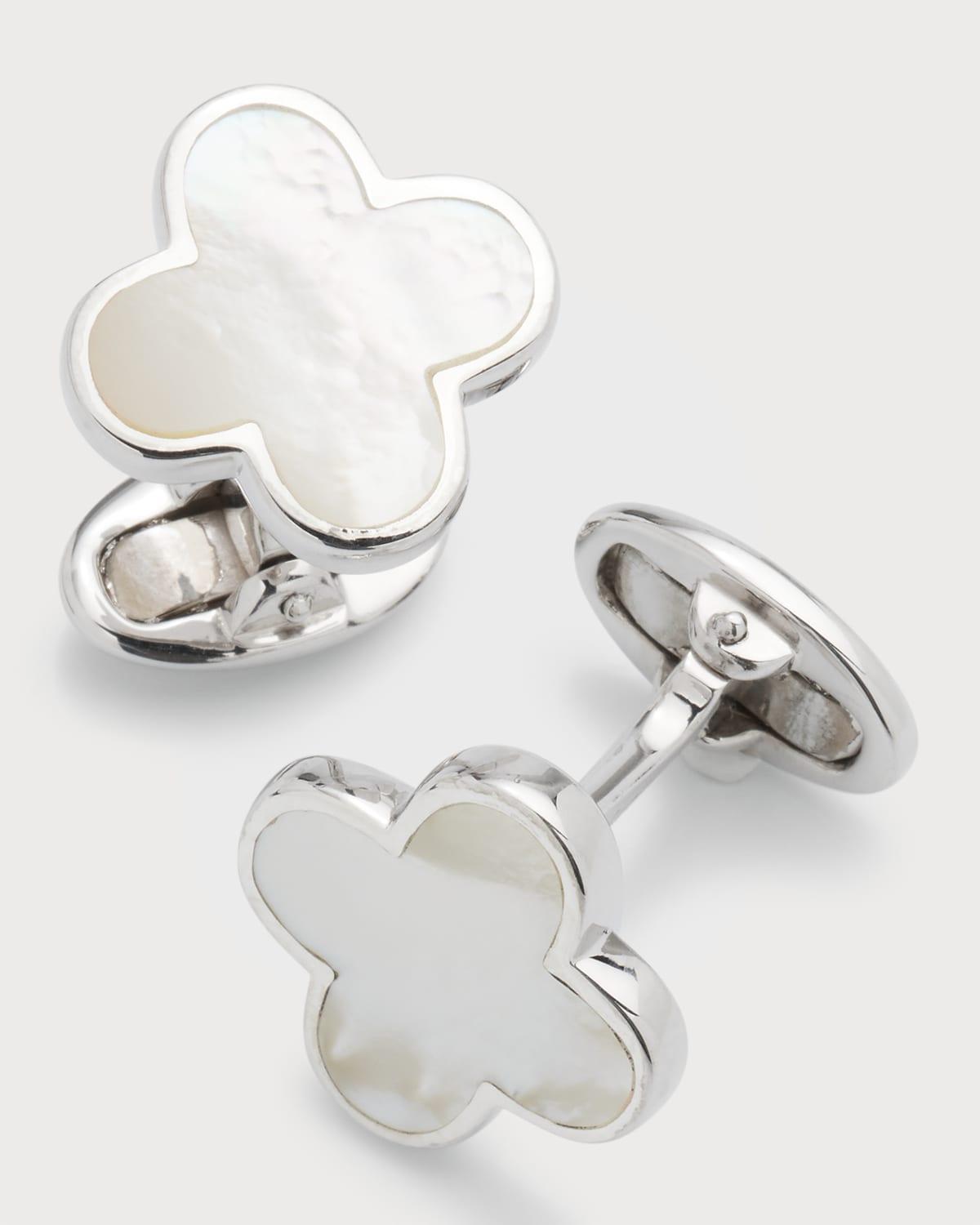 Mens Sterling Silver Mother-Of-Pearl Clover Cufflinks - Silver Product Image