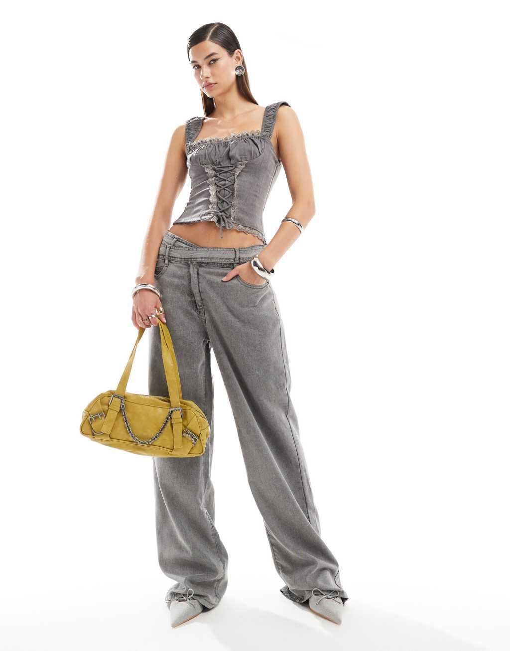 Lioness denim tie up corset top with lace trim in washed gray - part of a set Product Image