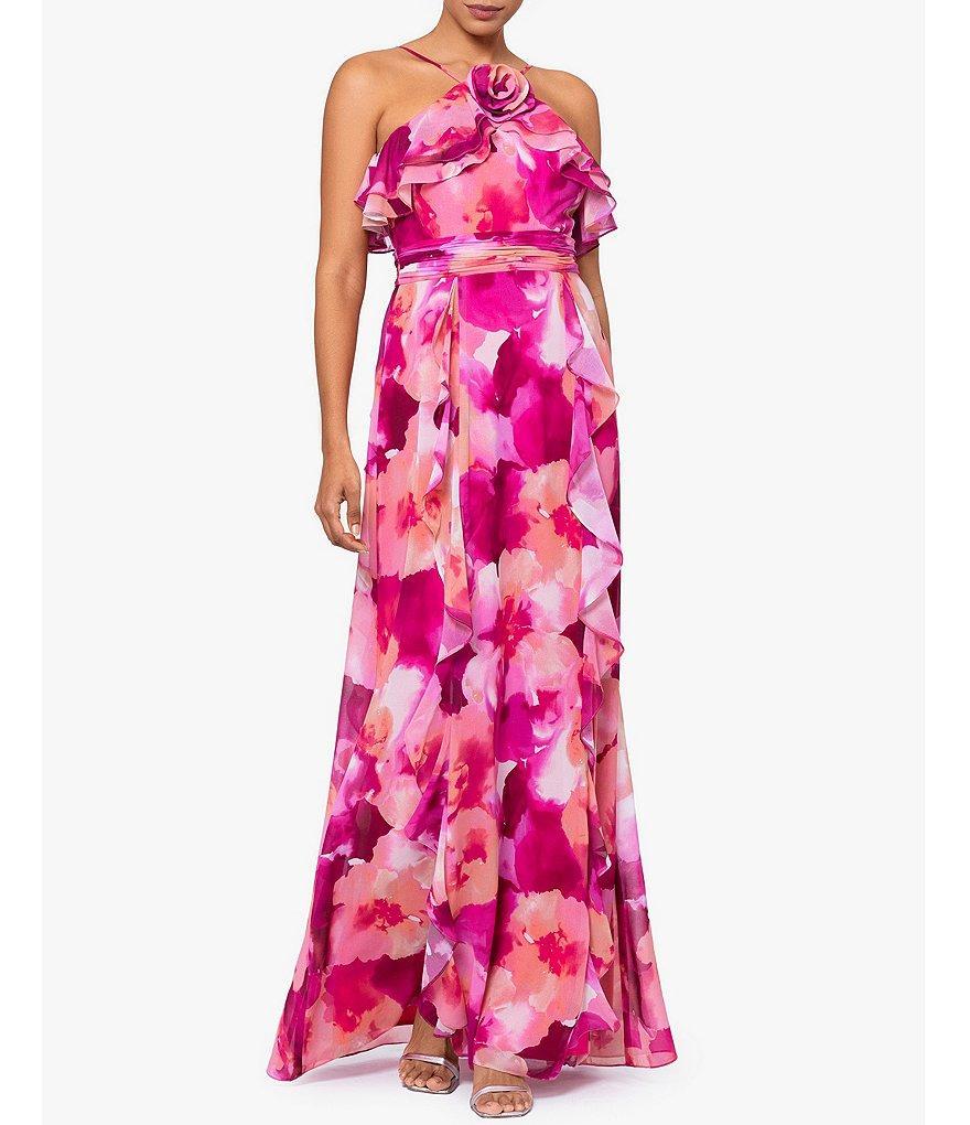 Xscape Printed Halter Neck Sleeveless Rosette Ruffle Gown Product Image