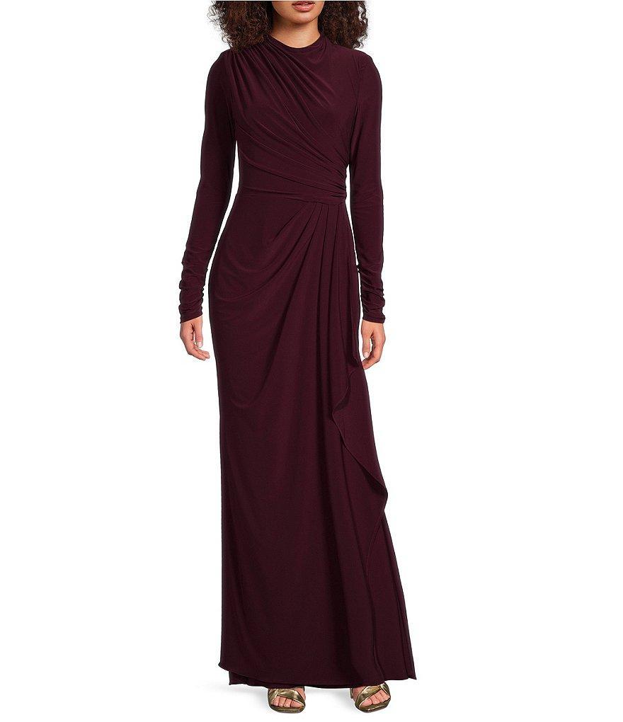 Betsy & Adam Stretch Jersey Side Drape Round Neck Long Sleeve Gown Product Image