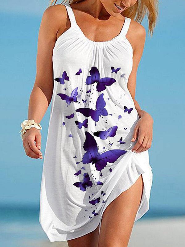 A-Line Loose Butterfly Print Pleated Spaghetti-Neck Mini Dresses product image