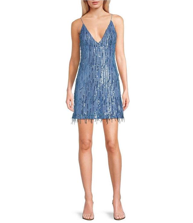 V-Neck Sequin Fringe Mini Dress Product Image