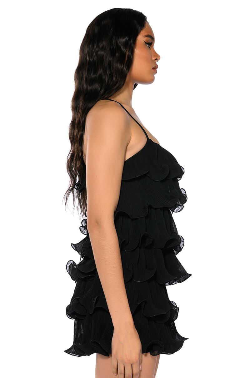 SWEETIE PLEATED RUFFLE SLEEVELESS MINI DRESS IN BLACK Product Image