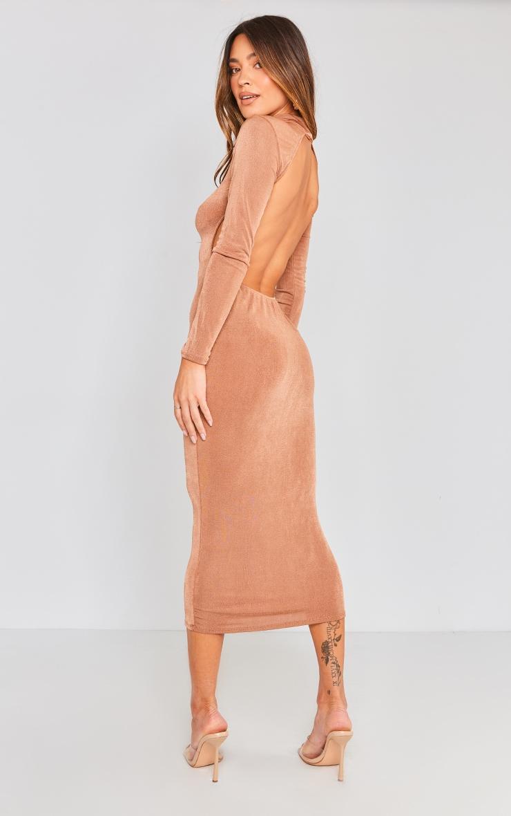 Tan Long Sleeve Open Back Turtleneck Midi Dress Product Image