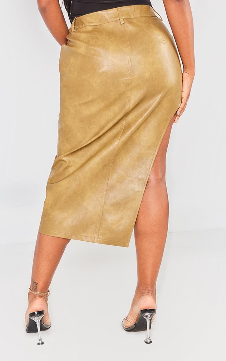 Shape Khaki Washed Faux Leather Asymmetric Midaxi Skirt Product Image