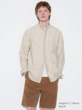 Mens Cotton Linen Stand Collar Shirt Beige XL UNIQLO US Product Image