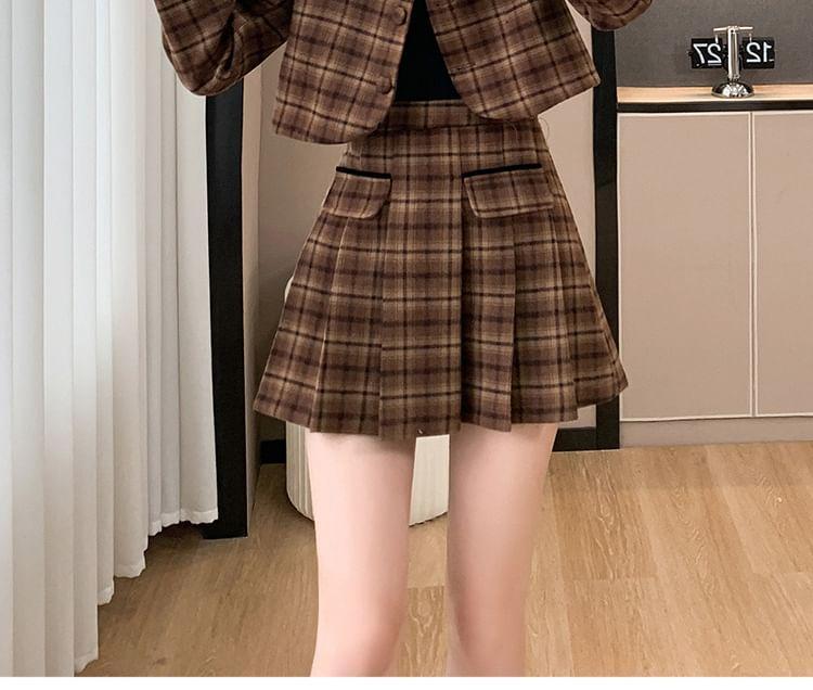 Set: Plaid Button-Up Crop Jacket + Mini Pleated Skirt Product Image