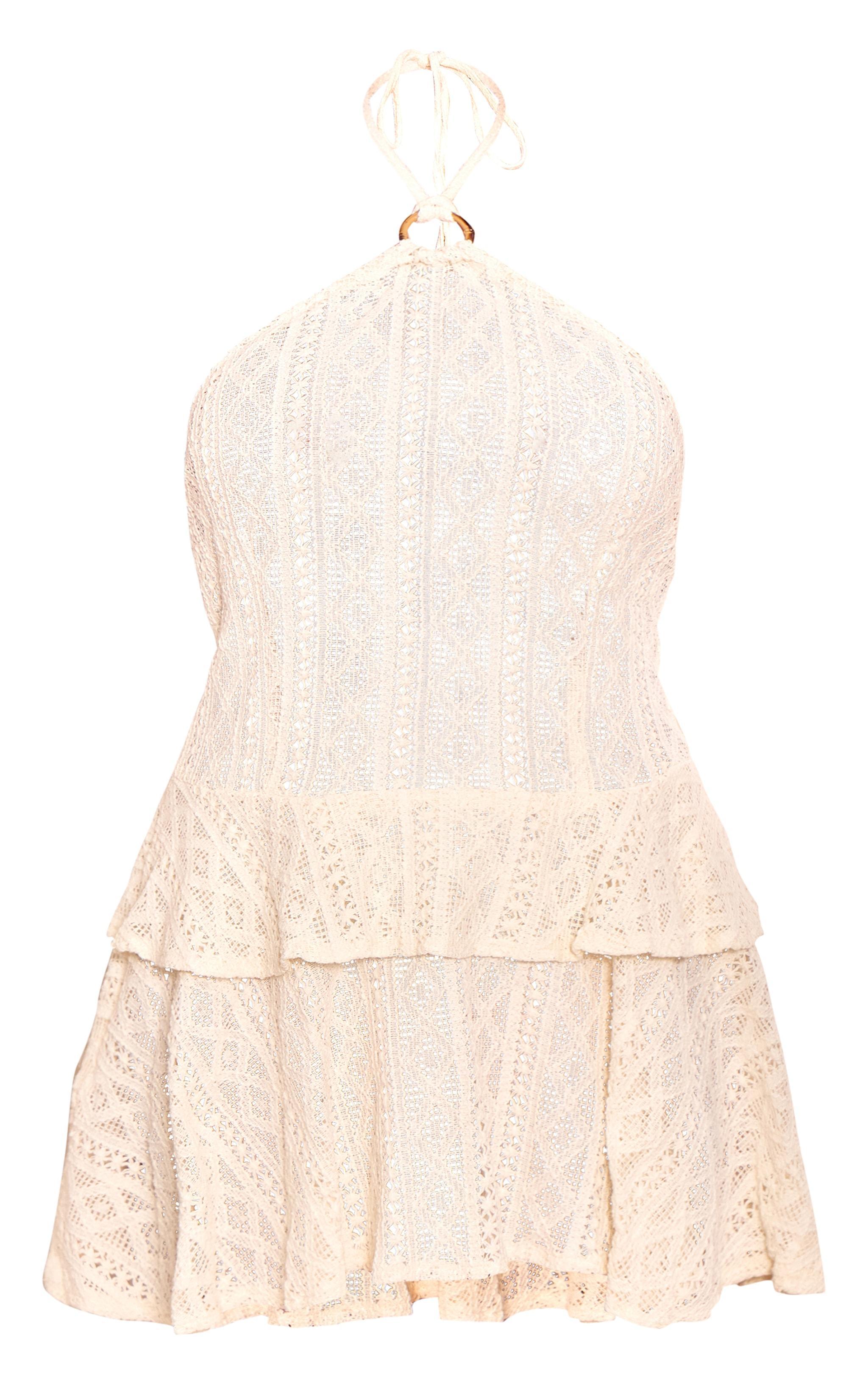 Cream Crochet Halterneck Frill Detail Shift Dress Product Image