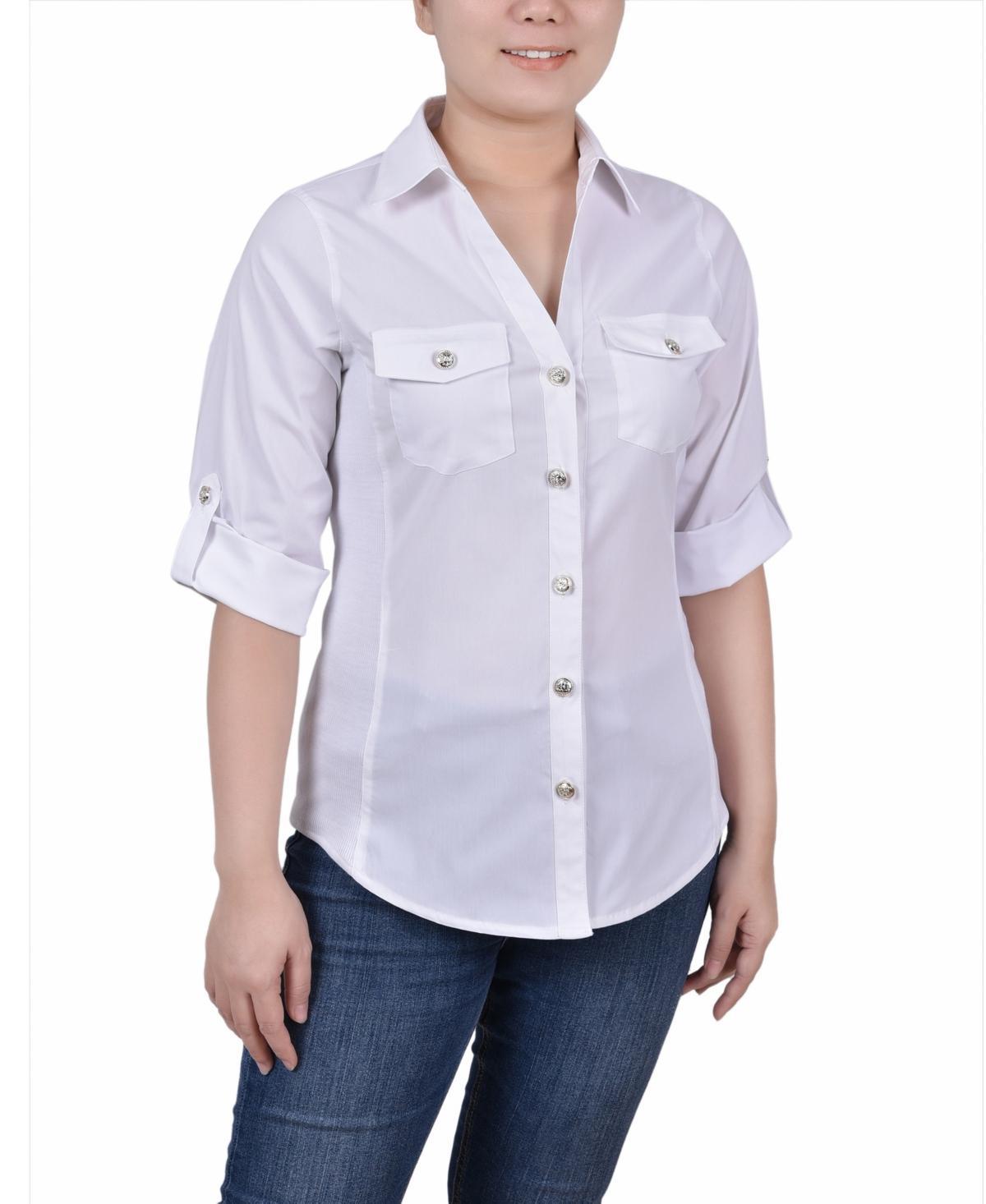 Ny Collection Petite Roll Tab Blouse with Rib Insets Product Image