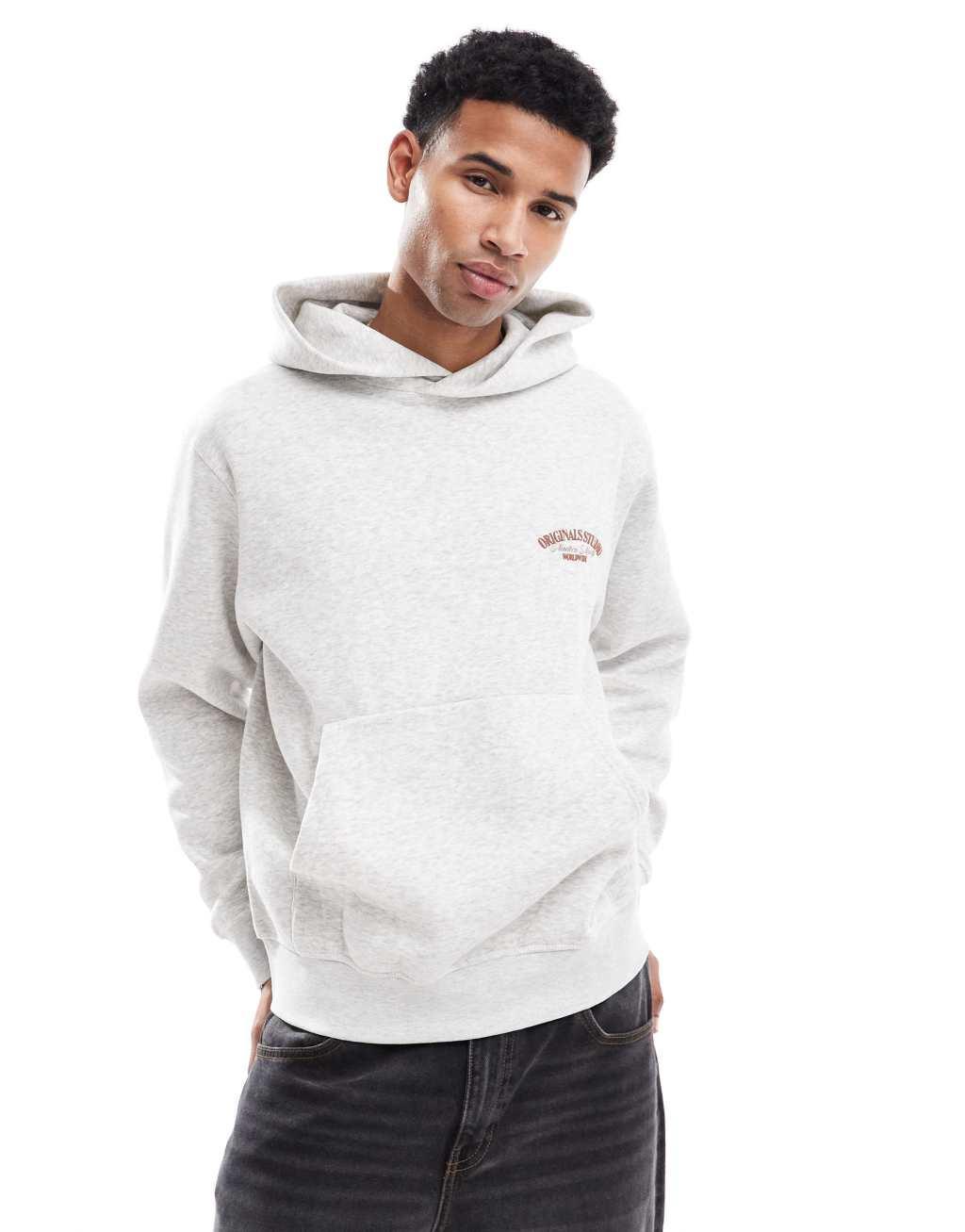 Jack & Jones oversized back print hoodie in light gray Product Image