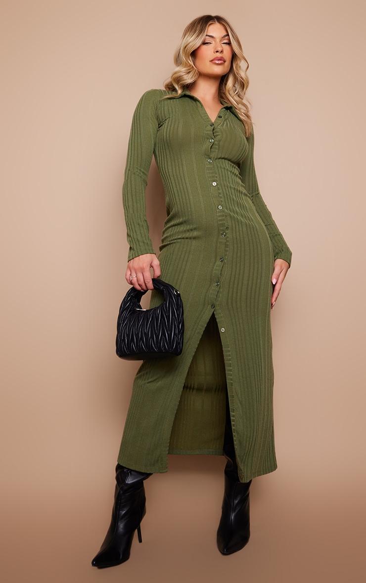 Khaki Ribbed Button Long Sleeve Midaxi Dress Product Image