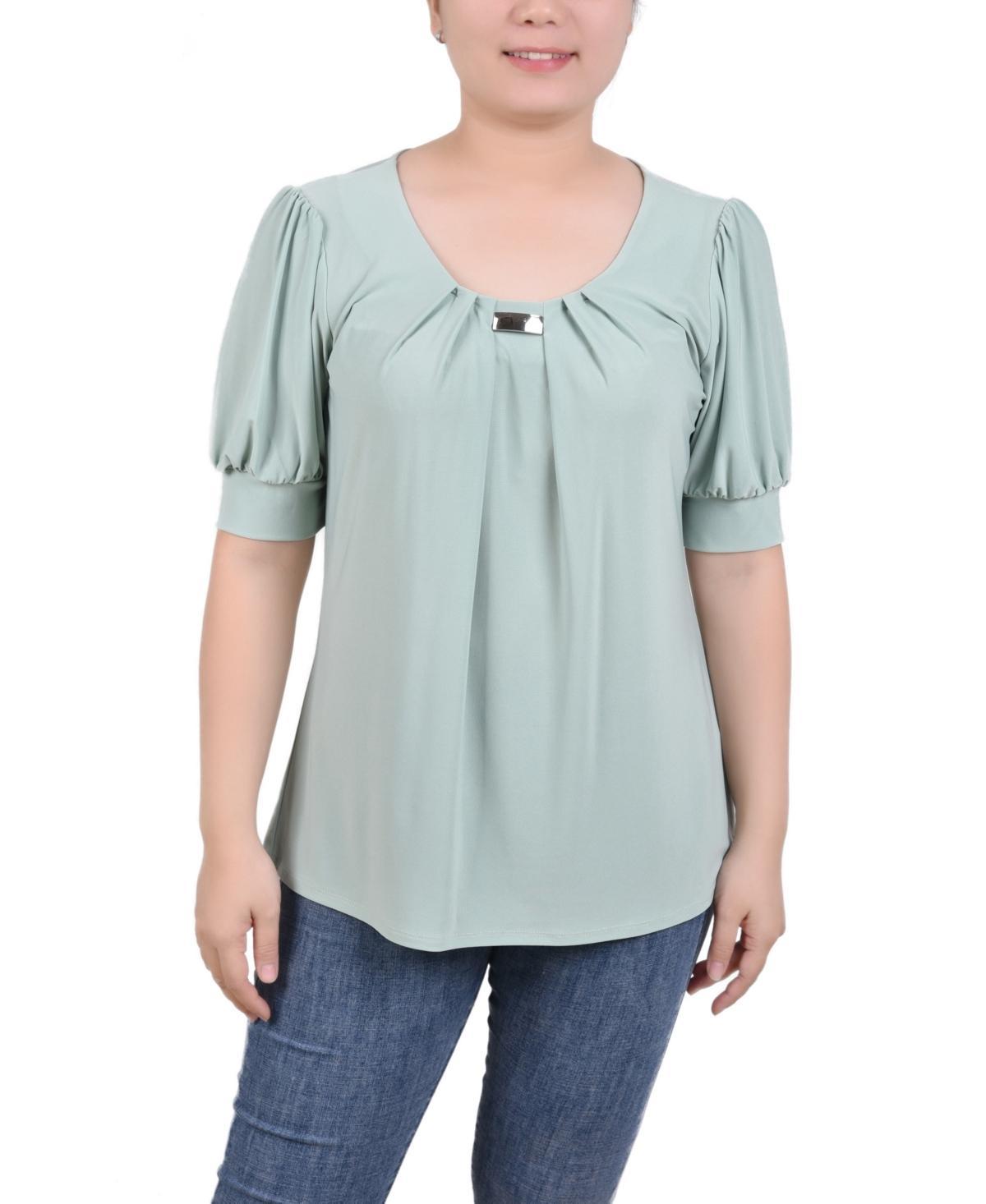 NY Collection Petite Puff Sleeve Pleated Front Blouse -BLUE Product Image