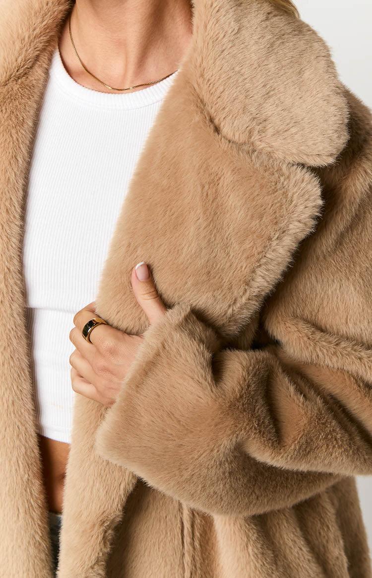 Lyrae Brown Full Length Faux Fur Coat Product Image