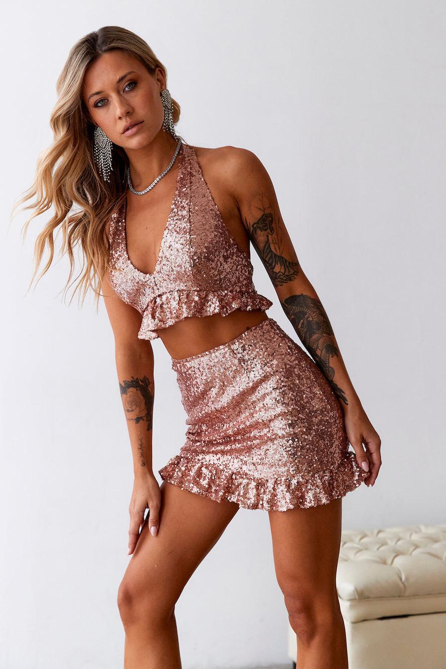 HELLO MOLLY Sweet Siren Sequin Skirt Rose Gold Product Image