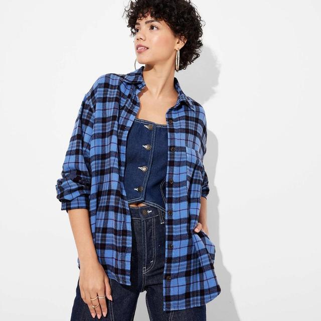 Womens Long Sleeve Oversized Flannel Button-Down Shirt - Wild Fable Blue Plaid Product Image