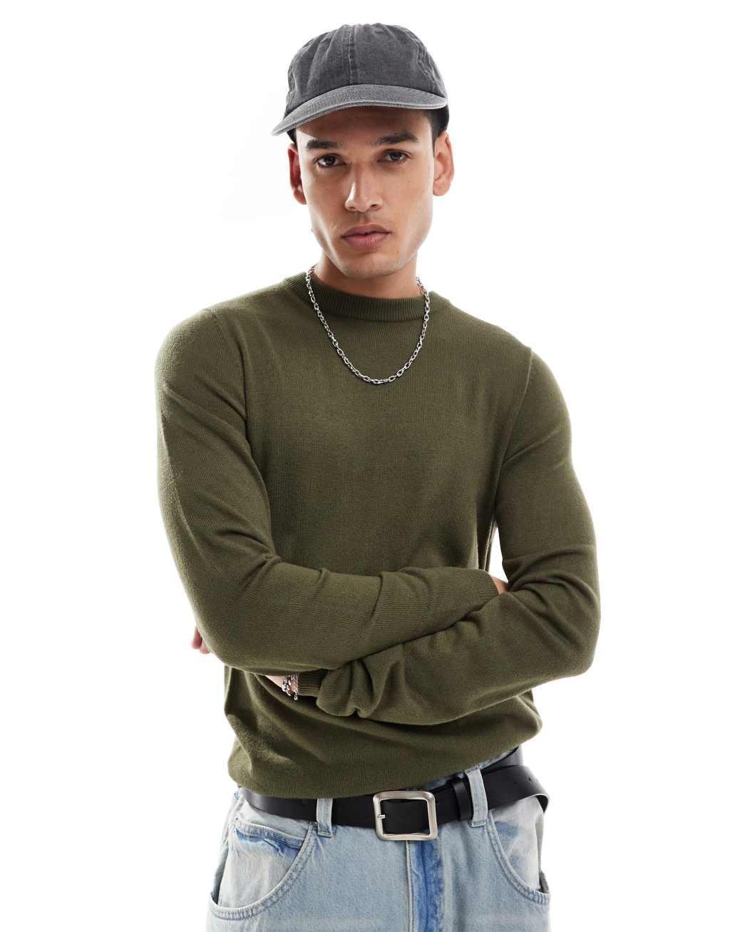 COLLUSION soft knit crew neck sweater in olive Product Image