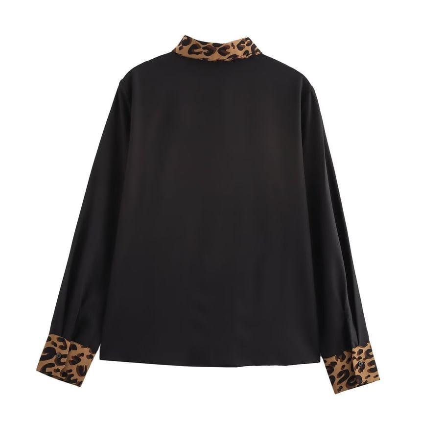 Collared Leopard Trim Button Down Shirt Product Image