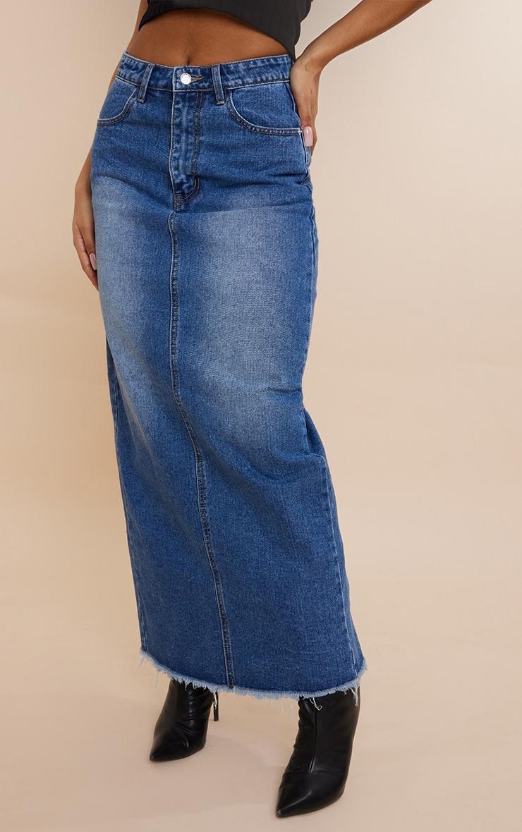 Mid Blue Wash Raw Hem Denim Maxi Skirt Product Image