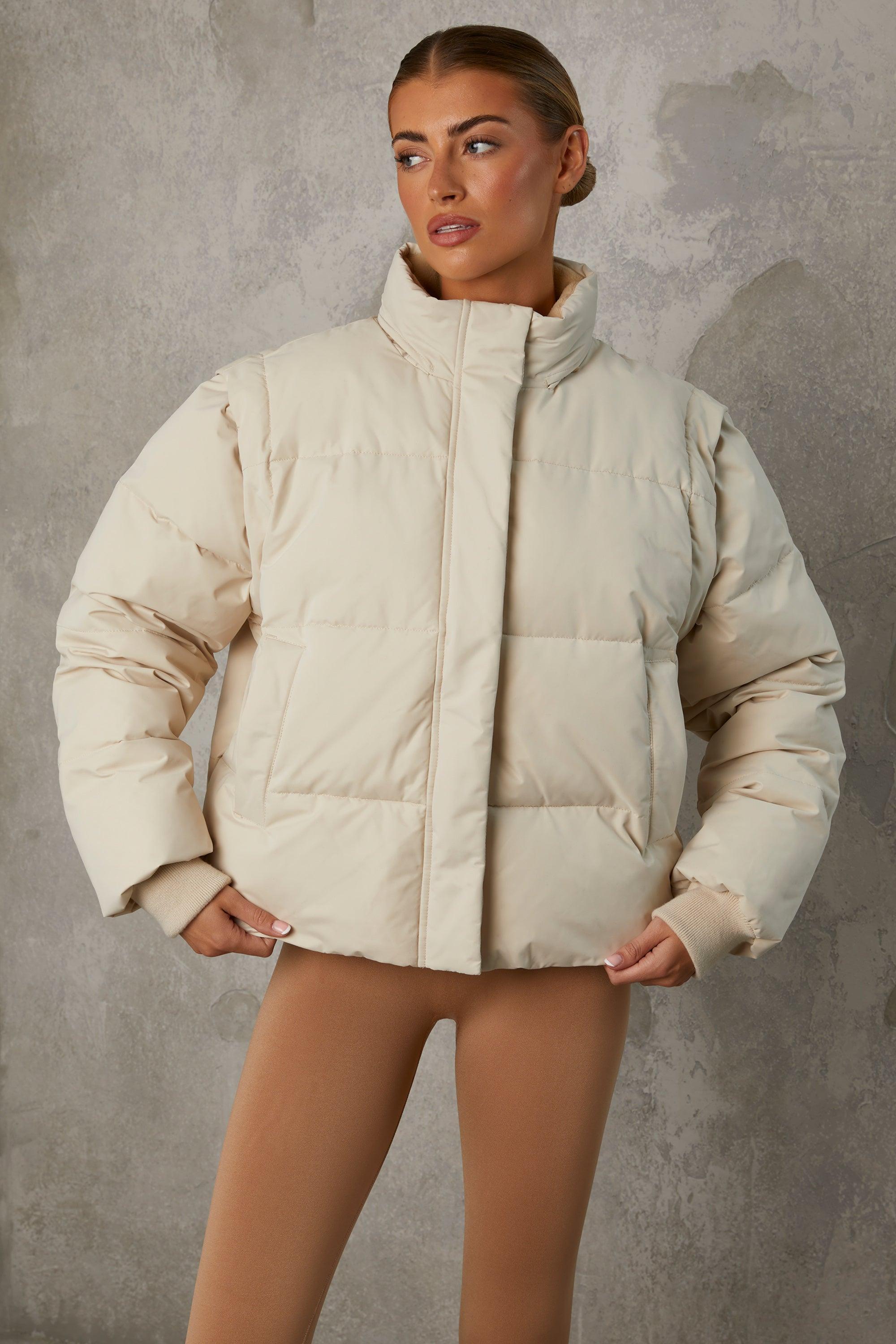 Cropped Puffer Jacket with Detachable Sleeves in Sand Product Image