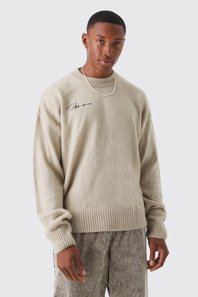 Mens Beige Boxy Homme Extended Neck Brushed Rib Knit Jumper, Beige Product Image