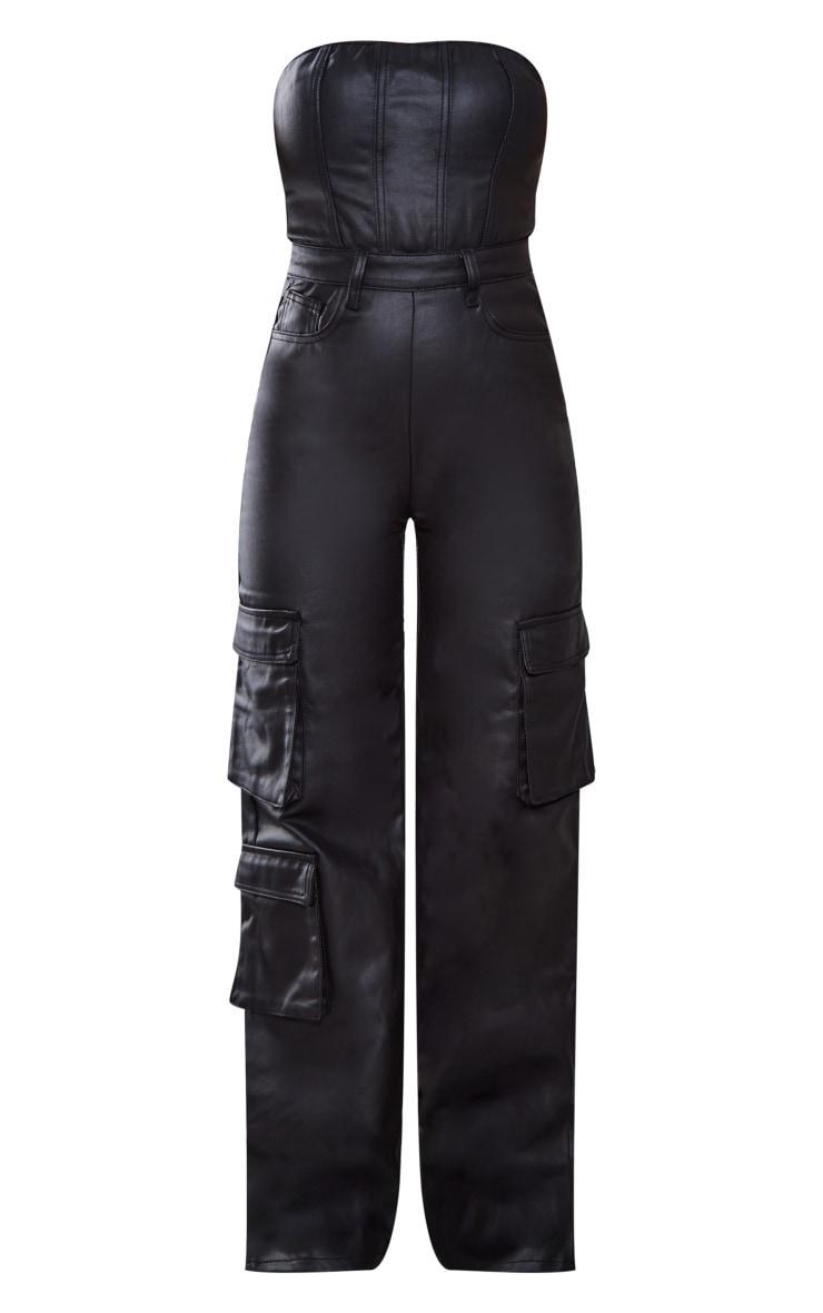 Black Coated Cargo Pocket Bandeau Denim Jumpsuit Product Image