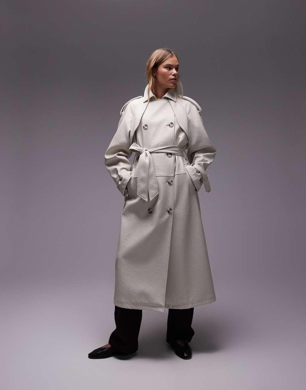 Topshop textured faux leather trench coat in cream Product Image