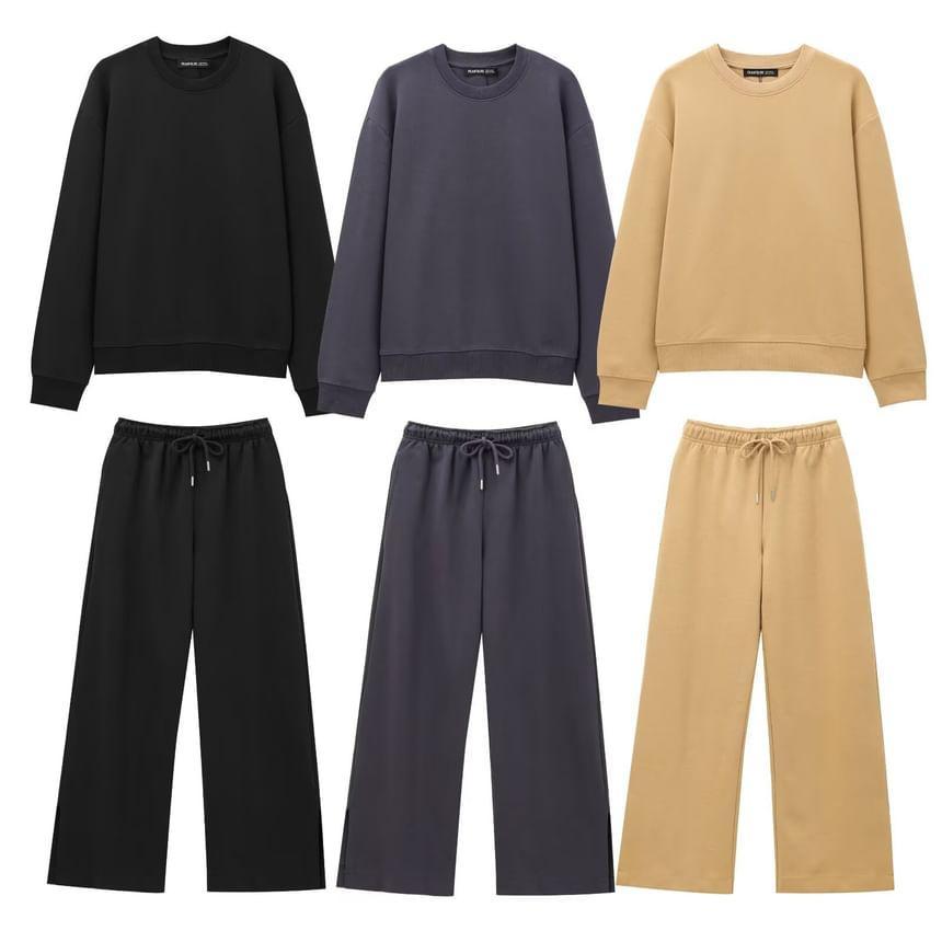 Round Neck Plain Pullover / Drawstring Waist Wide Leg Sweatpants Product Image