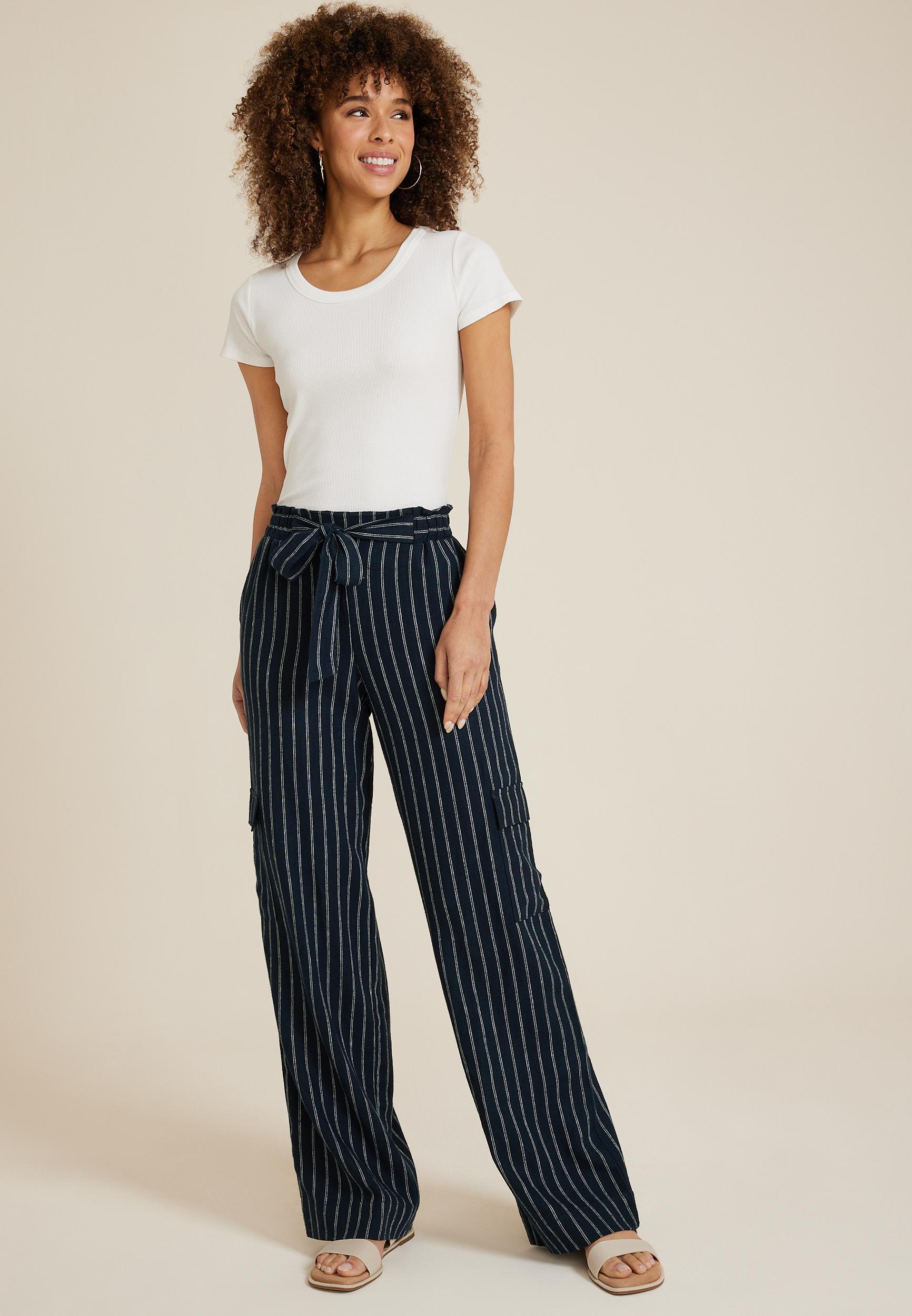 Navy Striped High Rise Wide Leg Cargo Pant Product Image