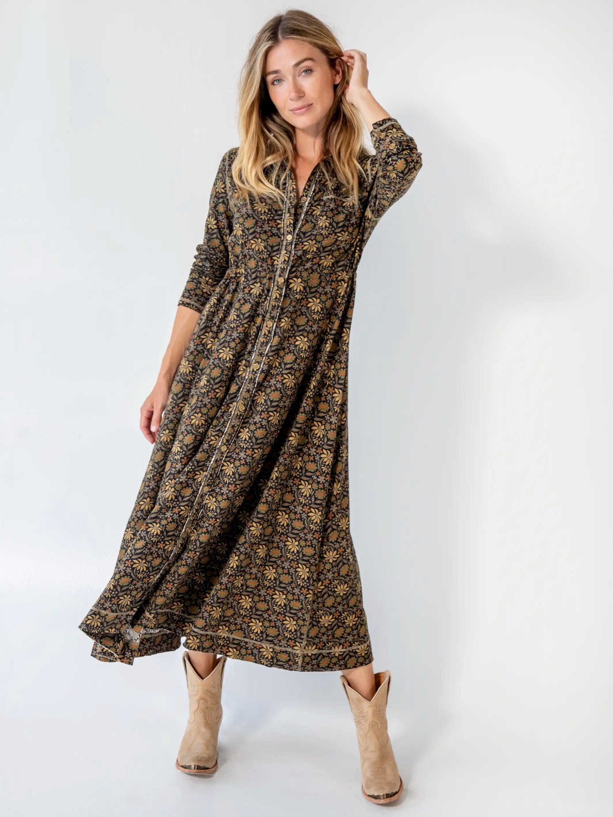 Christa Knit Cotton Maxi Dress - Black Tan Daisies Product Image