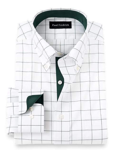 Non-Iron Cotton Windowpane Dress Shirt With Contrast Trim - Green Product Image