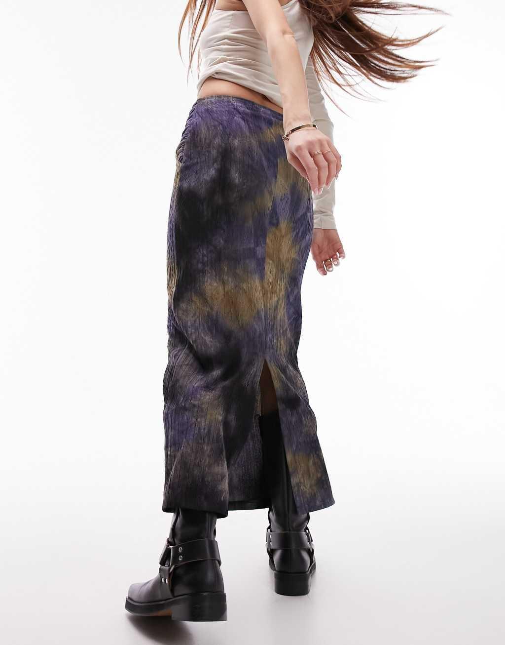 Topshop midi skirt in jersey textured with split front in blurred print Product Image