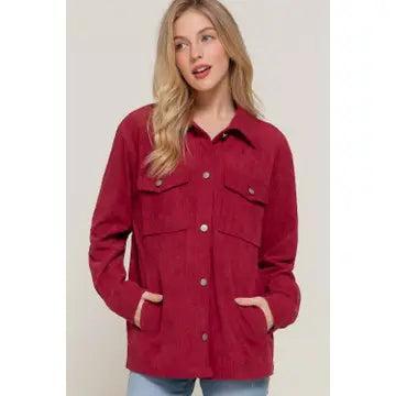 Women's Wine Long Sleeve Front Pocket Button Down Corduroy Jacket Product Image