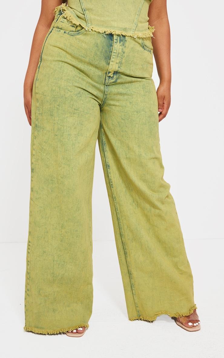 Plus Green Tint Acid Wash Raw Hem Wide Leg Jeans Product Image