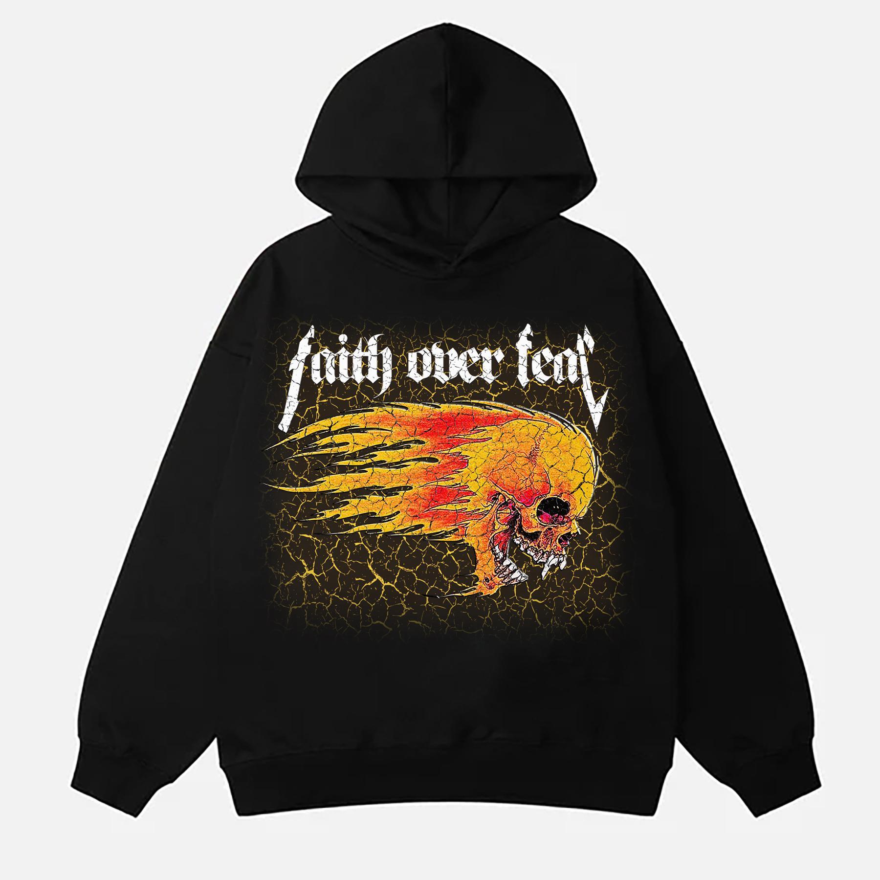 Sopula Men's Faith Over Fear Flaming Skull Print Side Pockets Hoodie Product Image